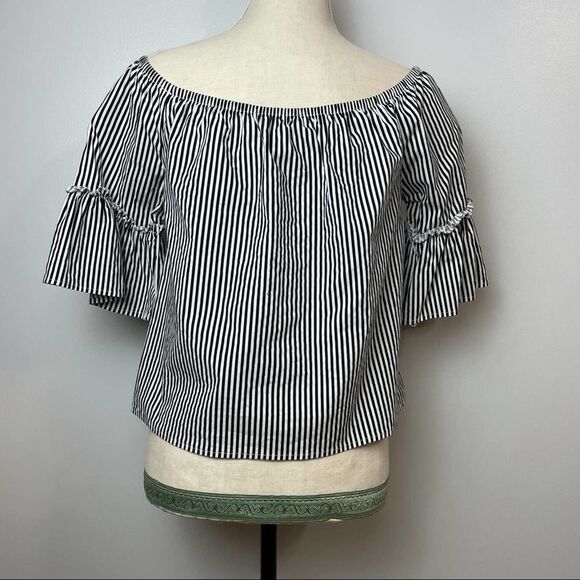 Ambiance Black & White Striped Strapless Off The Shoulder Blouse Short Sleeve M - Picture 8 of 10